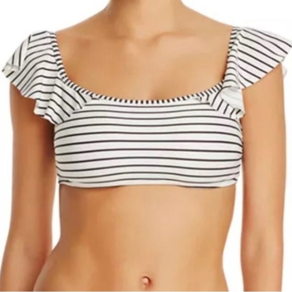 Vince Camuto Black and White Striped Ruffled Off the Shoulder Swim Top